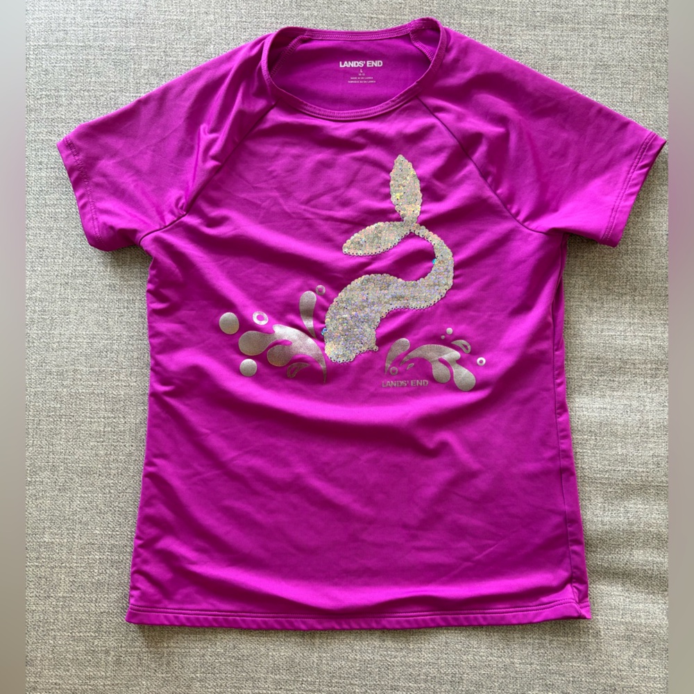 Lands End lined short sleeve Crewneck sequins rash guard with mermaid tail
